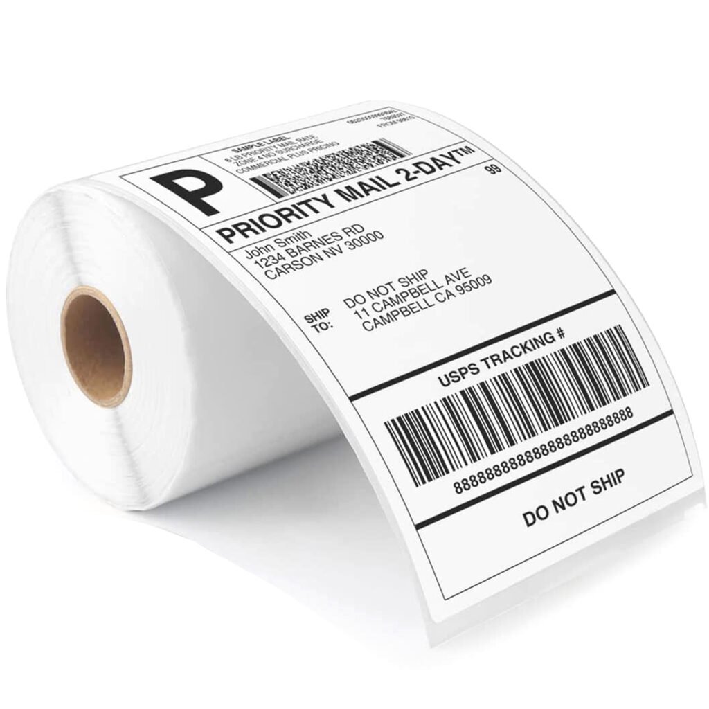 Bulk direct thermal shipping labels for logistics and e-commerce, compatible with Zebra and Rollo printers.