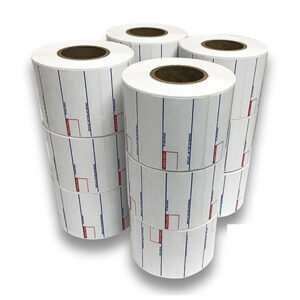 Bulk CAS 8010 compatible scale label rolls, featuring pre-printed format with fields like 'Packed On,' 'Sell By,' and 'Total Price' for retail scales.