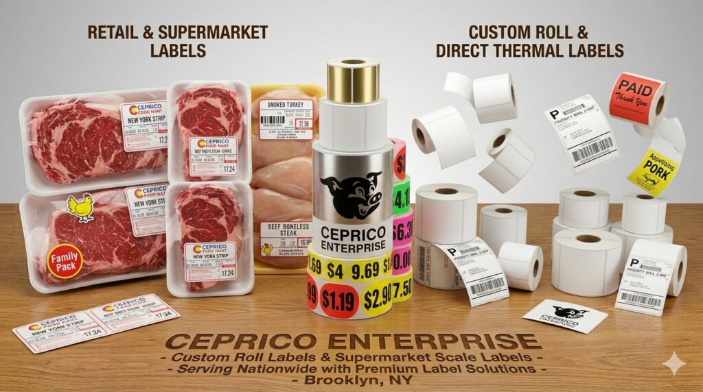 Home Premium custom roll labels and supermarket scale labels by Ceprico Enterprise. Serving nationwide from Brooklyn, NY.