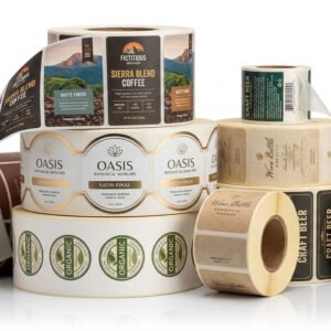 Multiple custom roll labels on cardboard cores, showcasing various designs including gourmet coffee and cosmetic branding.