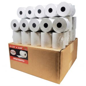 Bulk case of 50 premium 3 1/8" x 230' thermal receipt paper rolls, showing shrink-wrapped 5-packs on a professional shipping box for POS systems.