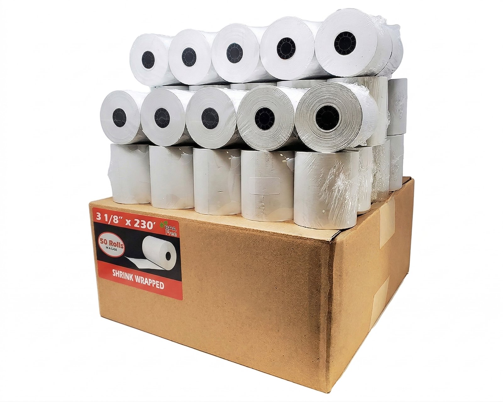 premium-thermal-receipt-paper-3-1-8-x-230-case-50-rolls Bulk case of 50 premium 3 1/8" x 230' thermal receipt paper rolls, showing shrink-wrapped 5-packs on a professional shipping box for POS systems.