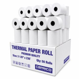 Bulk case of 50 premium 3 1/8" x 230' thermal receipt paper rolls, showing shrink-wrapped 5-packs on a professional shipping box for POS systems.