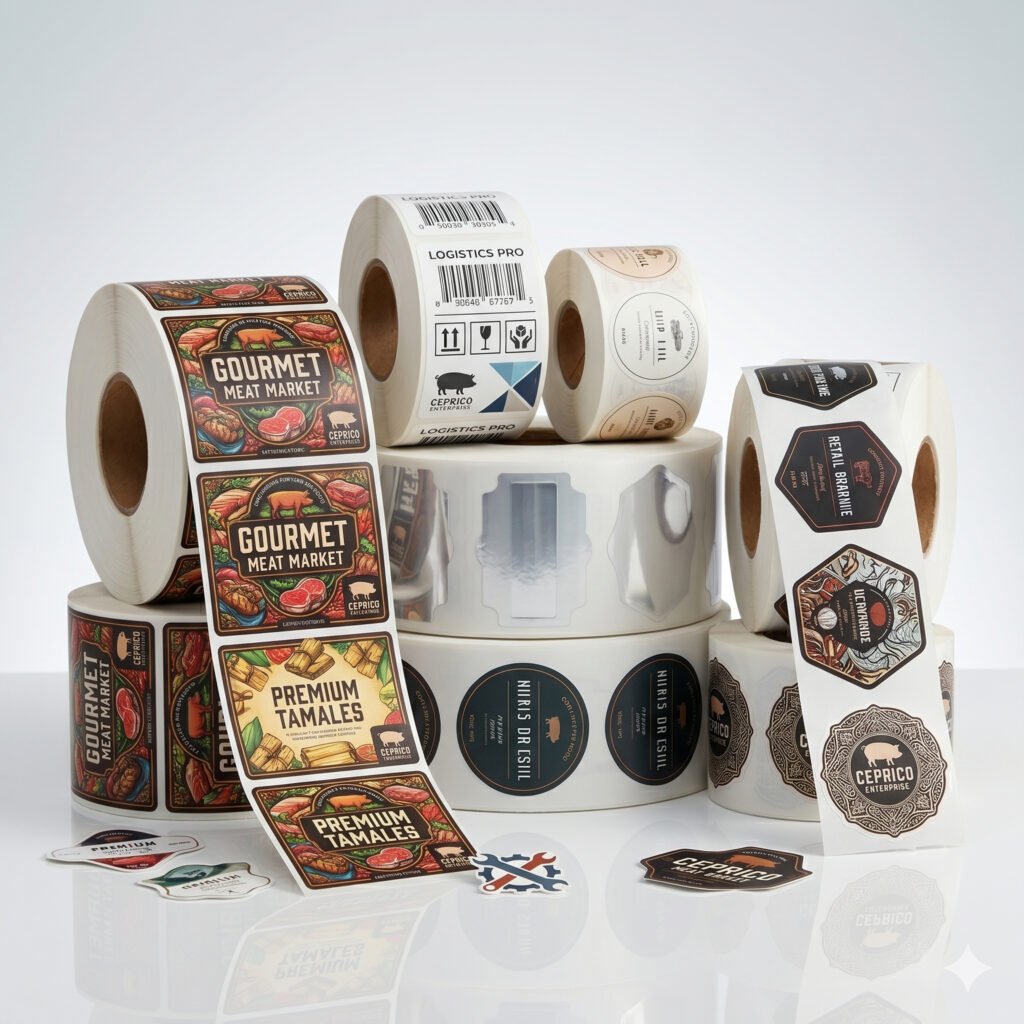 Premium custom roll labels for gourmet food, logistics, and retail branding by Ceprico Enterprise.