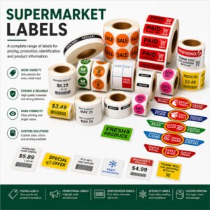 Selection of fluorescent paid labels in red, yellow, green, and pink for supermarket checkout security.
